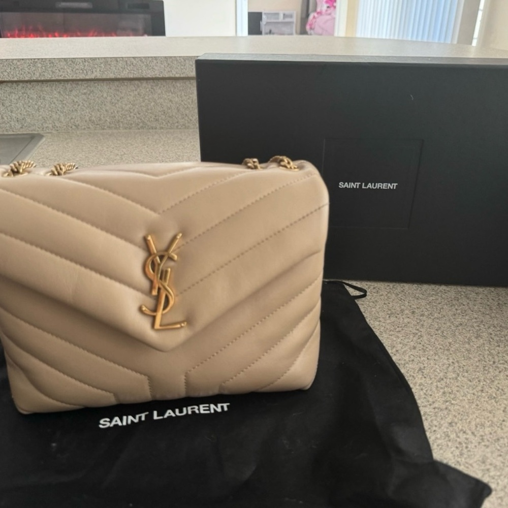 Saint Laurent Calfskin Y Quilted Monogram Small Loulou Chain Satchel Dark Beige